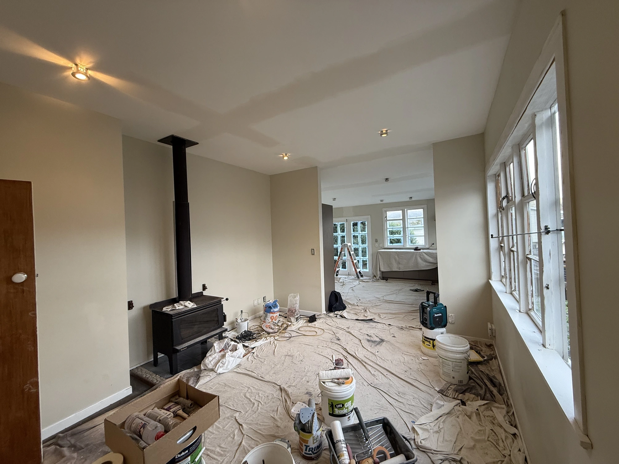 During stage interior area mid-process during preparation and painting